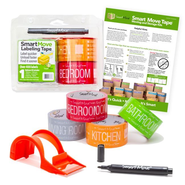 Smart Move Labeling Tape 1 Bedroom Kit: 1 Red Bedroom Tape, 1 Green Bathroom Tape, 1 Orange Kitchen Tape, 1 Grey Living Room Tape, Clamshell Tape Dispenser, 1 Marker